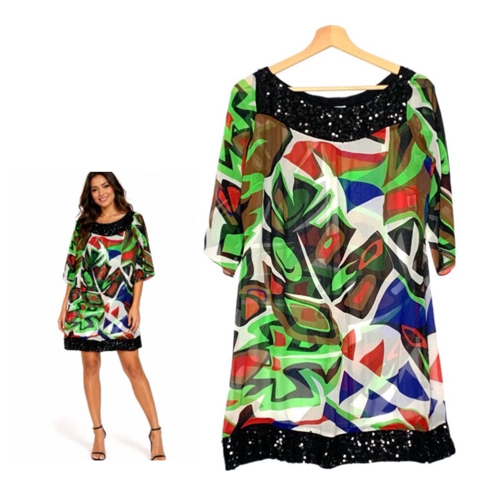Cache Vintage Sequin Geometric Printed Sheer Silk Dress Size Small